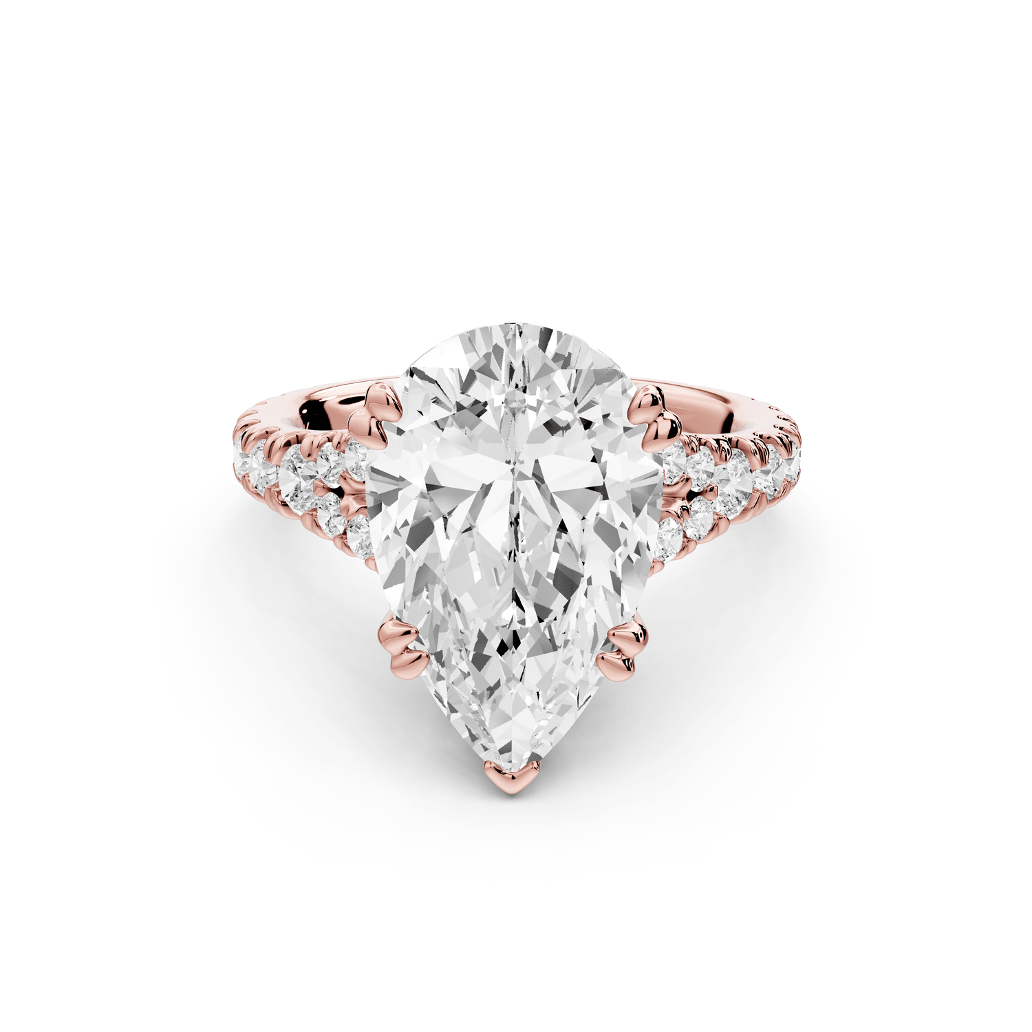 Rosalie - 5ct 18k rose gold pear Pavé Cathedral Hidden Halo with Diamond Bridge split shank Engagement Ring - Mr. Alex Jewelry