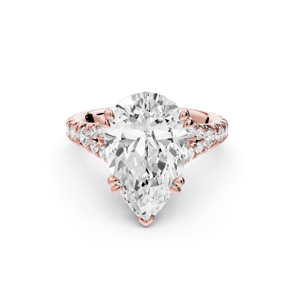 Rosalie - 5ct 18k rose gold pear Pavé Cathedral Hidden Halo with Diamond Bridge split shank Engagement Ring - Mr. Alex Jewelry