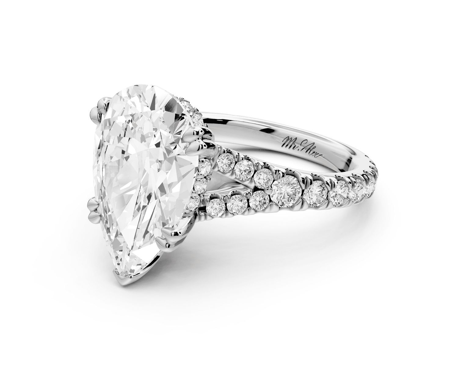 Rosalie - 5ct 18k rose gold pear Pavé Cathedral Hidden Halo with Diamond Bridge split shank Engagement Ring - Mr. Alex Jewelry