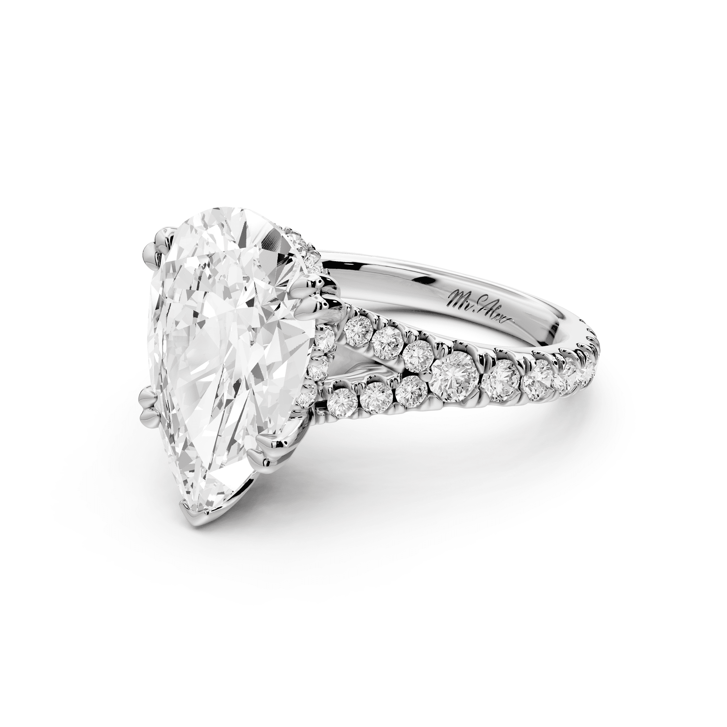 Rosalie - 5ct 18k rose gold pear Pavé Cathedral Hidden Halo with Diamond Bridge split shank Engagement Ring - Mr. Alex Jewelry
