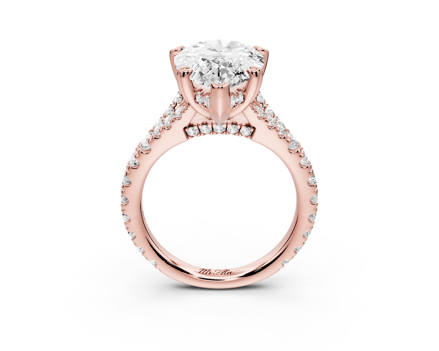 Rosalie - 5ct 18k rose gold pear Pavé Cathedral Hidden Halo with Diamond Bridge split shank Engagement Ring - Mr. Alex Jewelry
