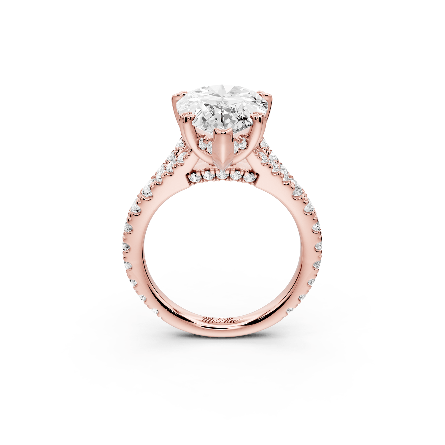 Rosalie - 5ct 18k rose gold pear Pavé Cathedral Hidden Halo with Diamond Bridge split shank Engagement Ring - Mr. Alex Jewelry