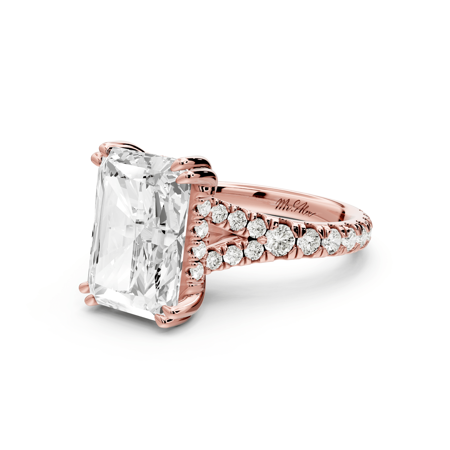 Rosalie - 5ct 18k rose gold radiant Pavé Cathedral Hidden Halo with Diamond Bridge split shank Engagement Ring - Mr. Alex Jewelry
