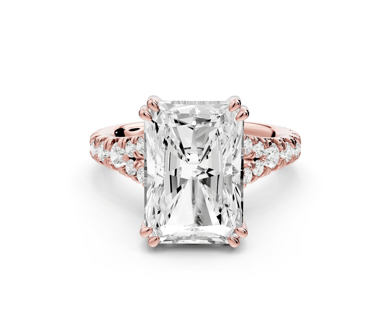 Rosalie - 5ct 18k rose gold radiant Pavé Cathedral Hidden Halo with Diamond Bridge split shank Engagement Ring - Mr. Alex Jewelry