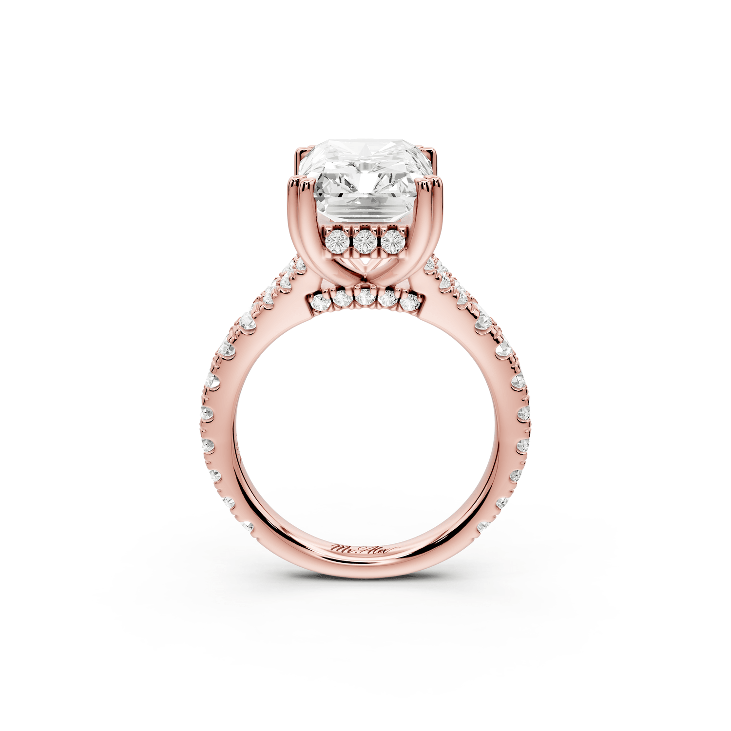 Rosalie - 5ct 18k rose gold radiant Pavé Cathedral Hidden Halo with Diamond Bridge split shank Engagement Ring - Mr. Alex Jewelry
