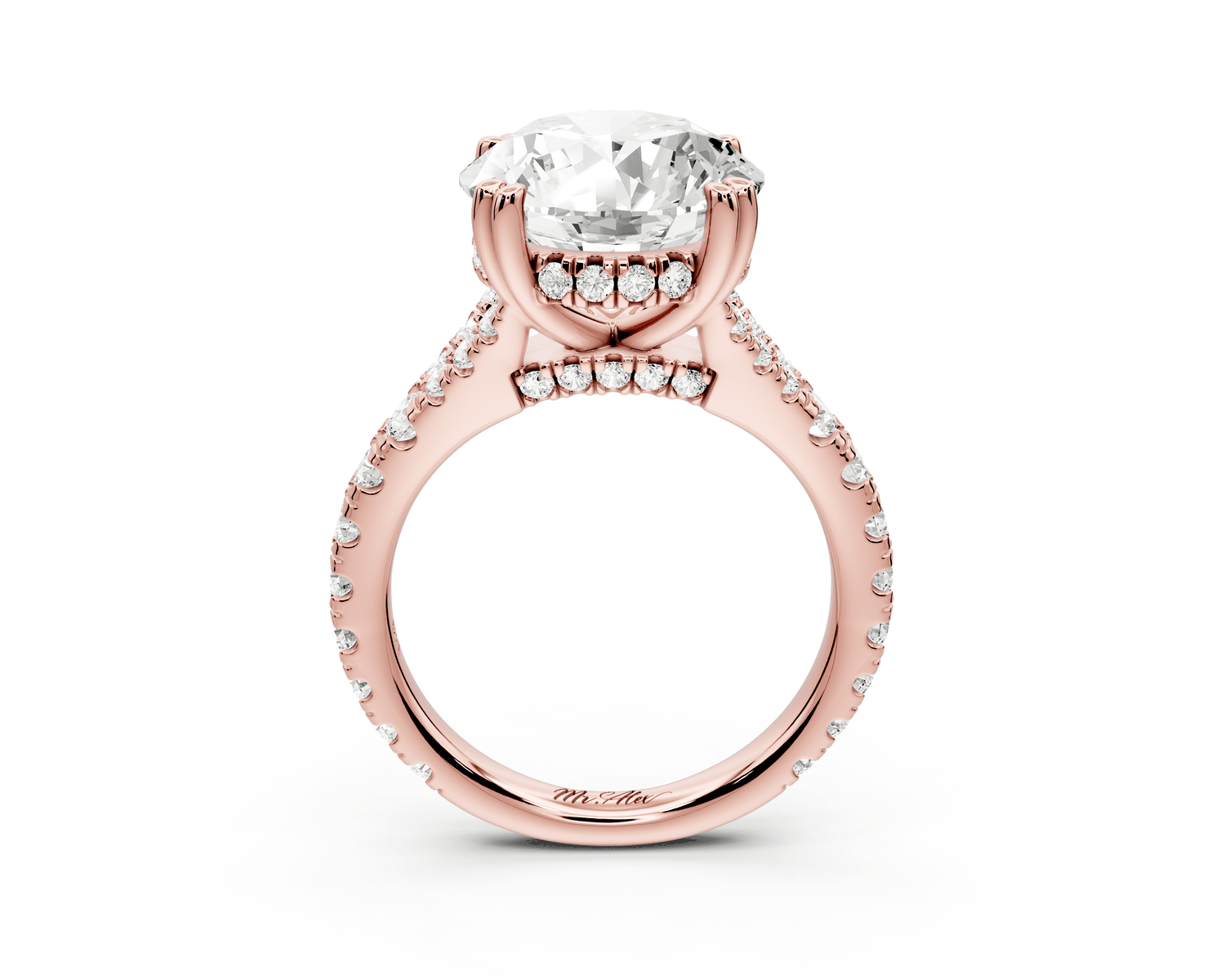 Rosalie - 5ct 18k rose gold round Pavé Cathedral Hidden Halo with Diamond Bridge split shank Engagement Ring - Mr. Alex Jewelry