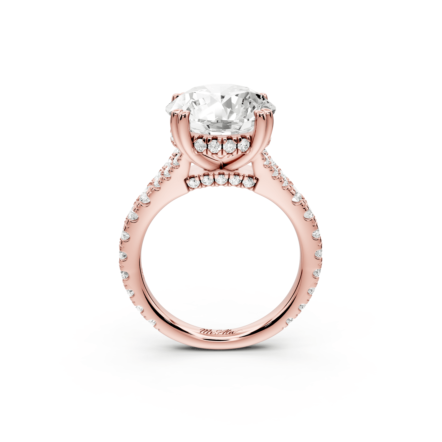 Rosalie - 5ct 18k rose gold round Pavé Cathedral Hidden Halo with Diamond Bridge split shank Engagement Ring - Mr. Alex Jewelry