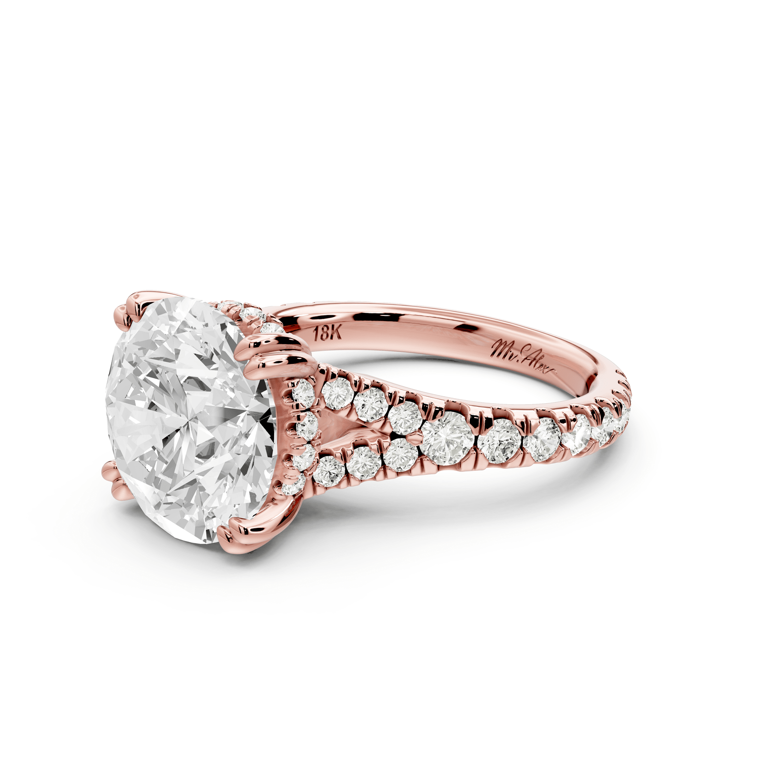 Rosalie - 5ct 18k rose gold round Pavé Cathedral Hidden Halo with Diamond Bridge split shank Engagement Ring - Mr. Alex Jewelry