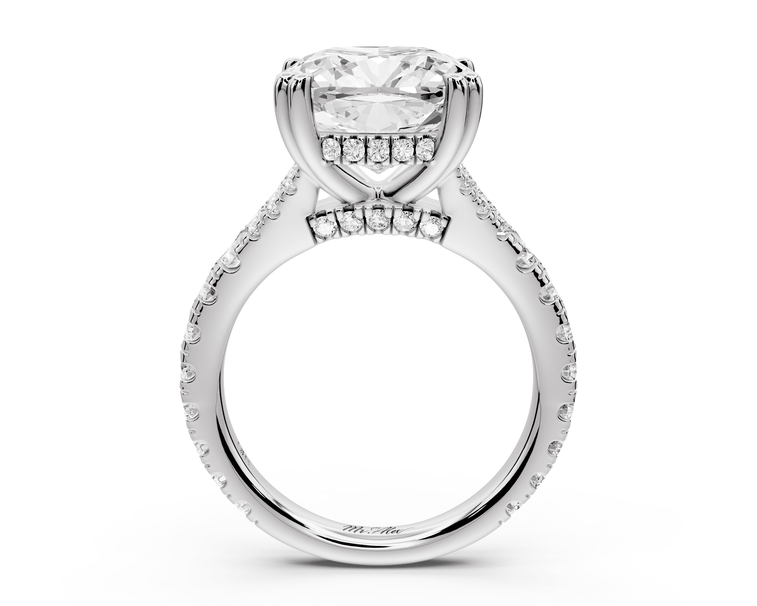 Rosalie - 5ct 18k white gold cushion Pavé Cathedral Hidden Halo with Diamond Bridge split shank Engagement Ring - Mr. Alex Jewelry