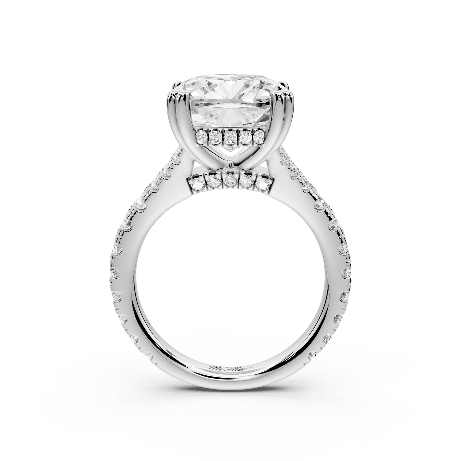 Rosalie - 5ct 18k white gold cushion Pavé Cathedral Hidden Halo with Diamond Bridge split shank Engagement Ring - Mr. Alex Jewelry