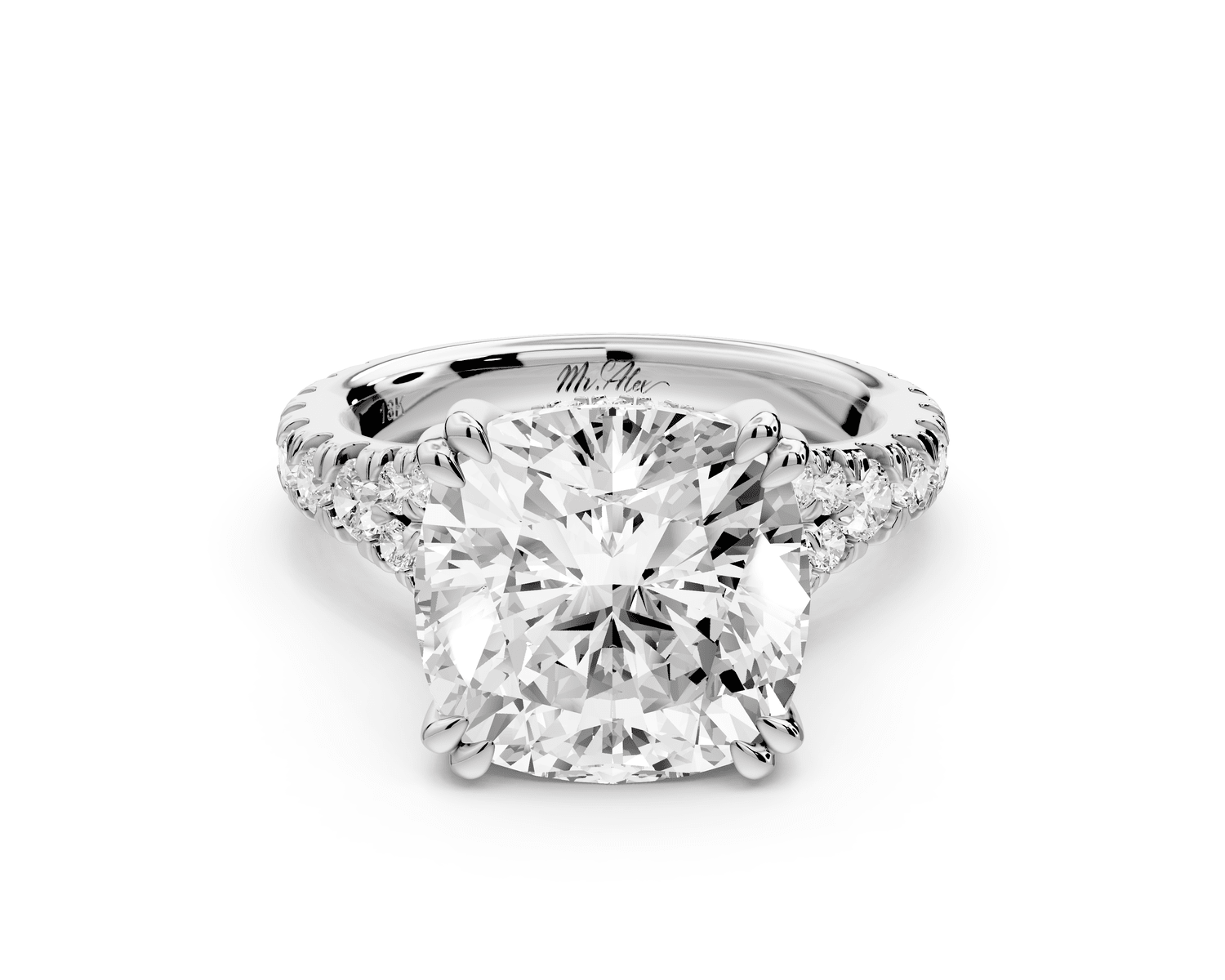 Rosalie - 5ct 18k white gold cushion Pavé Cathedral Hidden Halo with Diamond Bridge split shank Engagement Ring - Mr. Alex Jewelry
