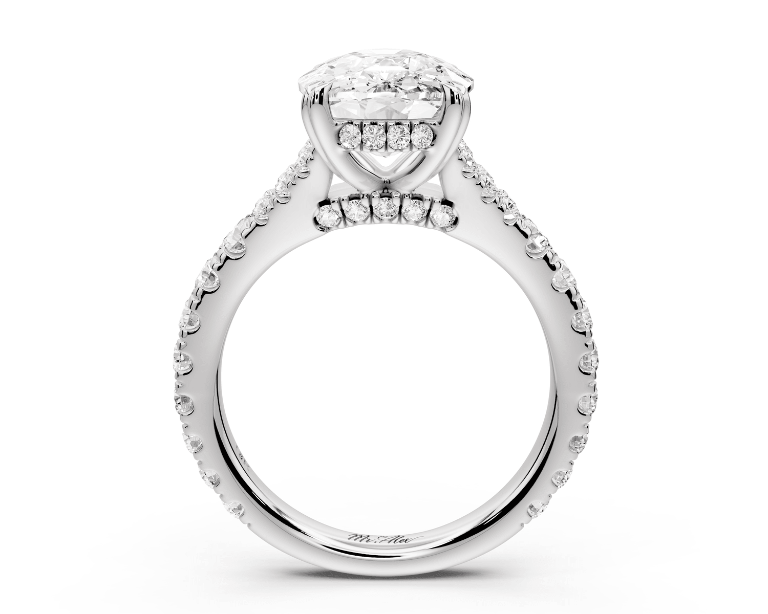 Rosalie - 5ct 18k white gold ecushion Pavé Cathedral Hidden Halo with Diamond Bridge split shank Engagement Ring - Mr. Alex Jewelry