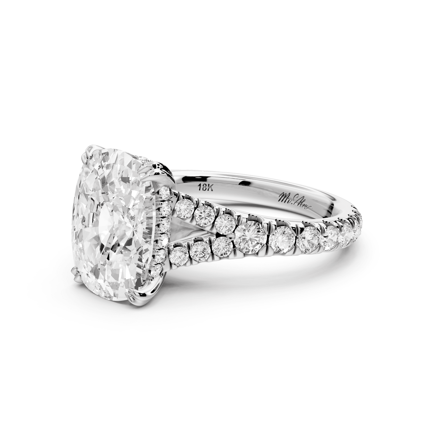 Rosalie - 5ct 18k white gold ecushion Pavé Cathedral Hidden Halo with Diamond Bridge split shank Engagement Ring - Mr. Alex Jewelry