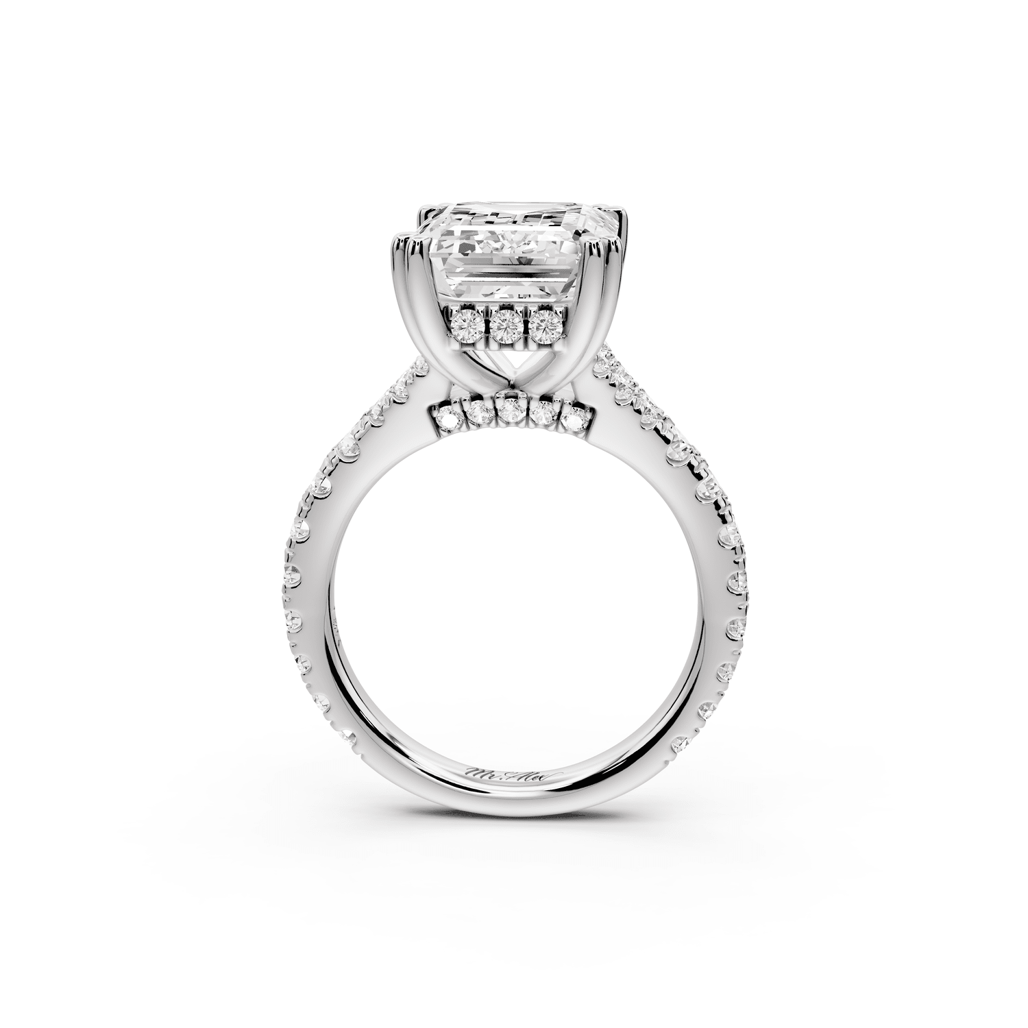 Rosalie - 5ct 18k white gold emerald Pavé Cathedral Hidden Halo with Diamond Bridge split shank Engagement Ring - Mr. Alex Jewelry