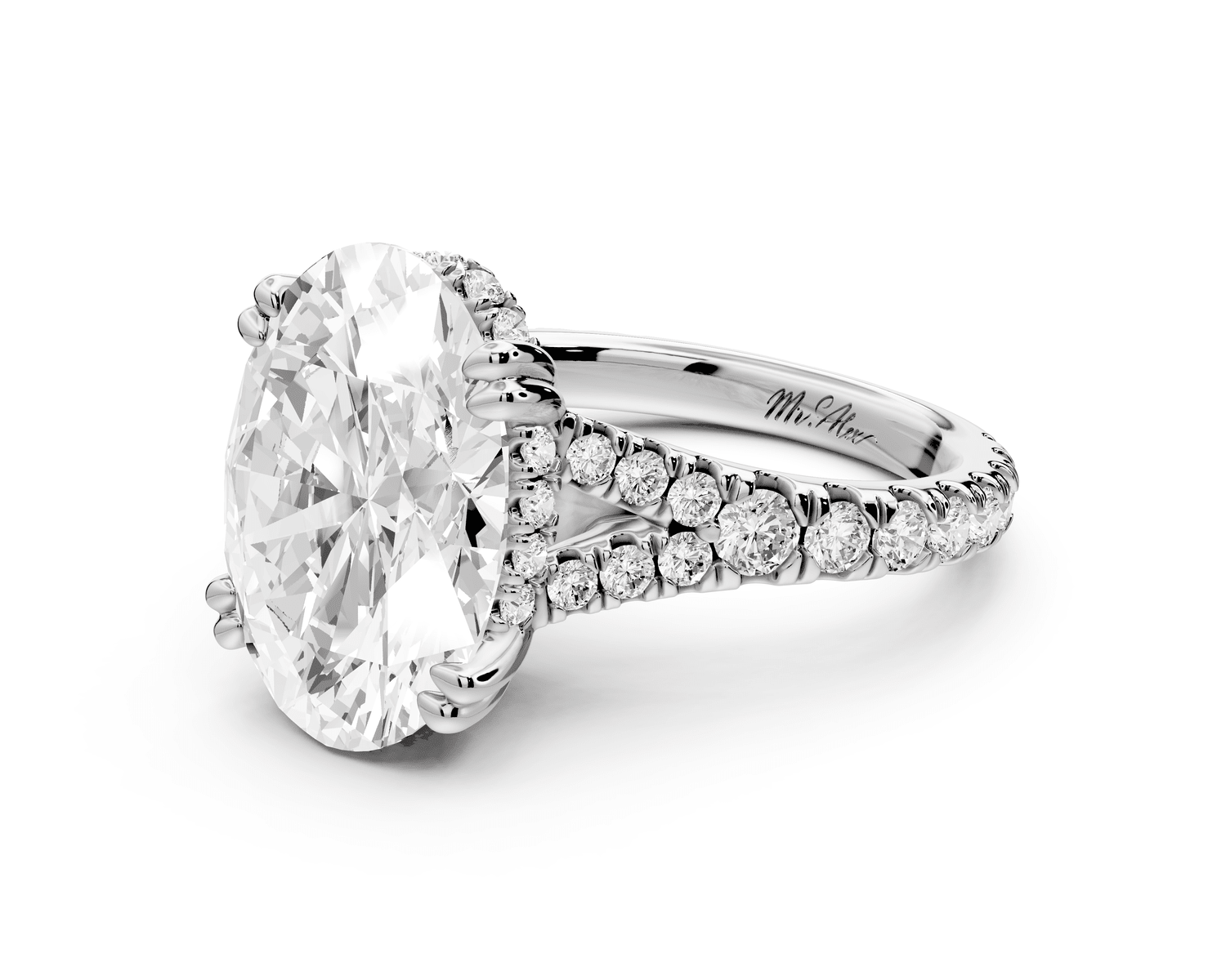 Rosalie - 5ct 18k white gold oval Pavé Cathedral Hidden Halo with Diamond Bridge split shank Engagement Ring - Mr. Alex Jewelry