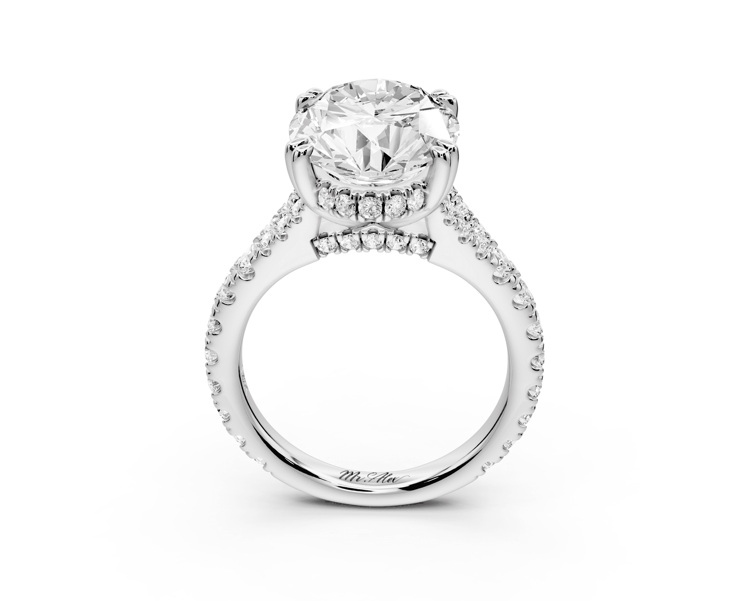 Rosalie - 5ct 18k white gold oval Pavé Cathedral Hidden Halo with Diamond Bridge split shank Engagement Ring - Mr. Alex Jewelry