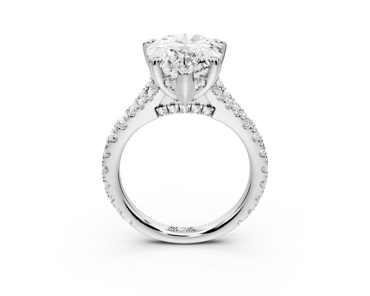 Rosalie - 5ct 18k white gold pear Pavé Cathedral Hidden Halo with Diamond Bridge split shank Engagement Ring - Mr. Alex Jewelry