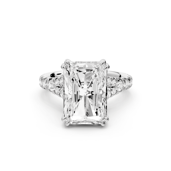 Rosalie - 5ct 18k white gold radiant Pavé Cathedral Hidden Halo with Diamond Bridge split shank Engagement Ring - Mr. Alex Jewelry