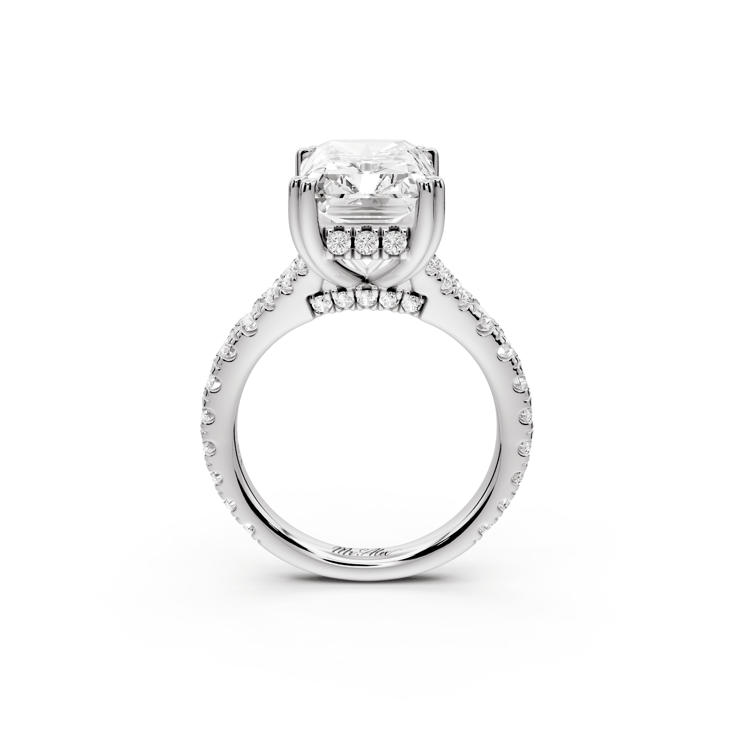 Rosalie - 5ct 18k white gold radiant Pavé Cathedral Hidden Halo with Diamond Bridge split shank Engagement Ring - Mr. Alex Jewelry