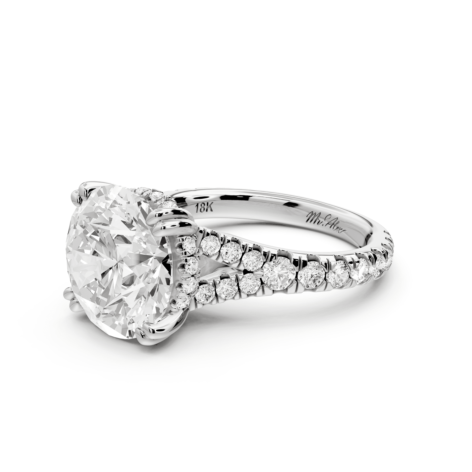 Rosalie - 5ct 18k white gold round Pavé Cathedral Hidden Halo with Diamond Bridge split shank Engagement Ring - Mr. Alex Jewelry