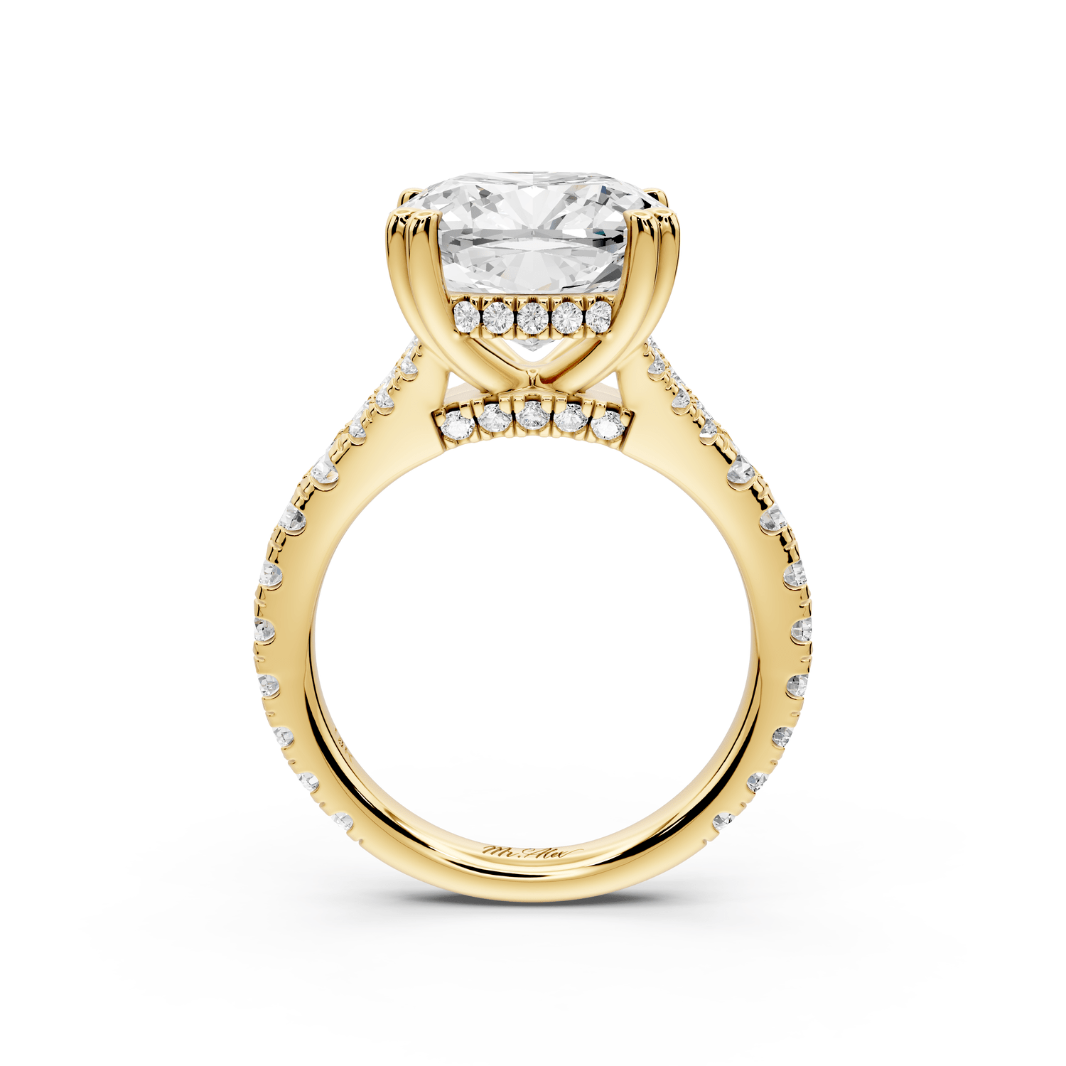 Rosalie - 5ct 18k yellow gold cushion Pavé Cathedral Hidden Halo with Diamond Bridge split shank Engagement Ring - Mr. Alex Jewelry