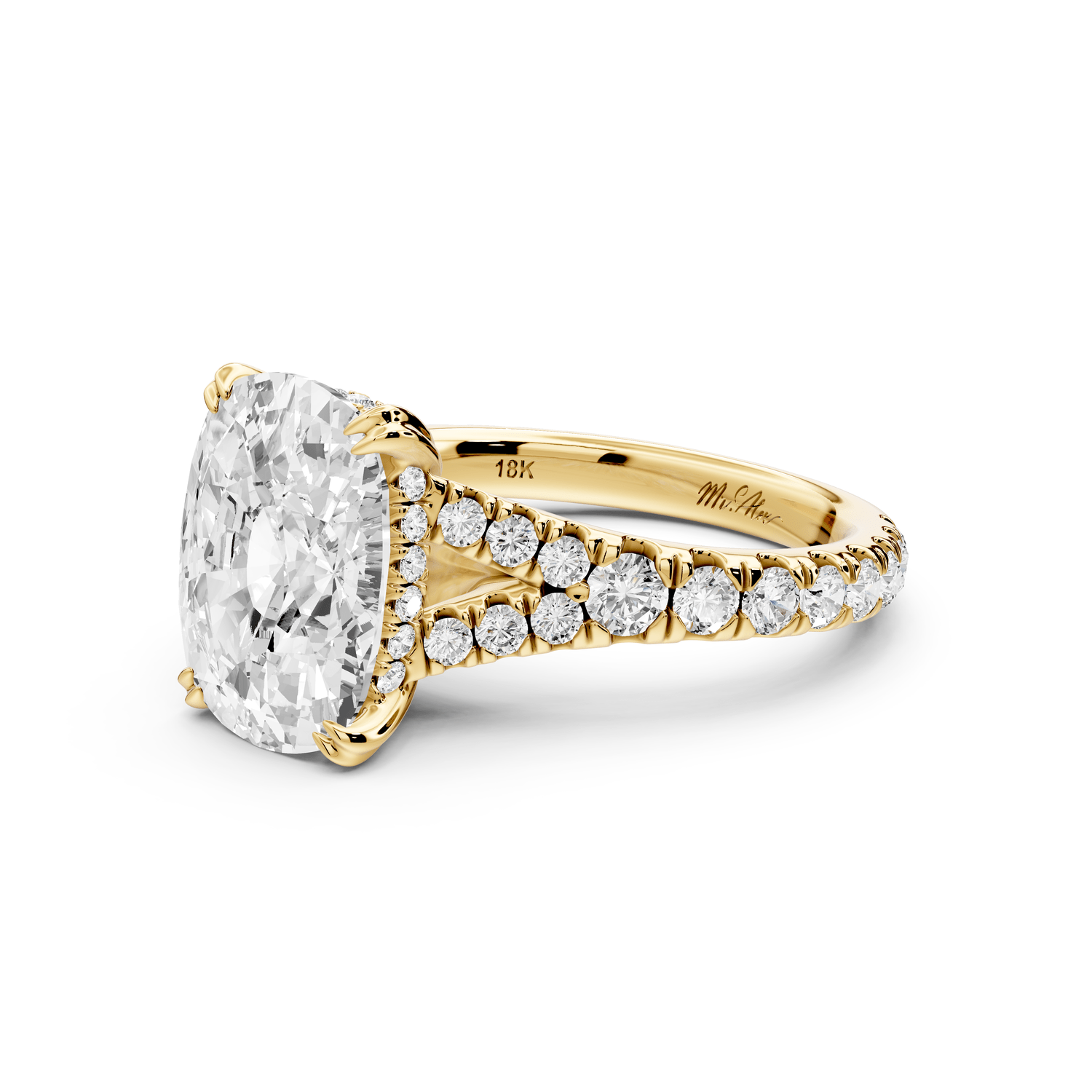Rosalie - 5ct 18k yellow gold ecushion Pavé Cathedral Hidden Halo with Diamond Bridge split shank Engagement Ring - Mr. Alex Jewelry