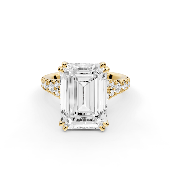 Rosalie - 5ct 18k yellow gold emerald Pavé Cathedral Hidden Halo with Diamond Bridge split shank Engagement Ring - Mr. Alex Jewelry