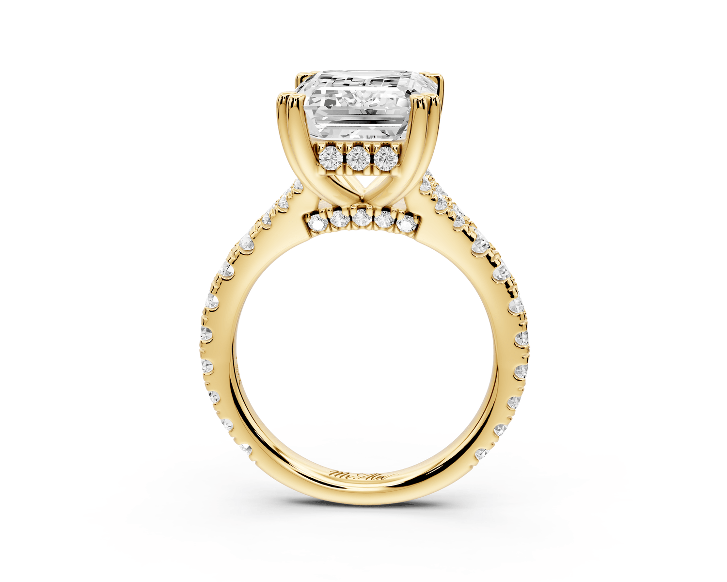 Rosalie - 5ct 18k yellow gold emerald Pavé Cathedral Hidden Halo with Diamond Bridge split shank Engagement Ring - Mr. Alex Jewelry