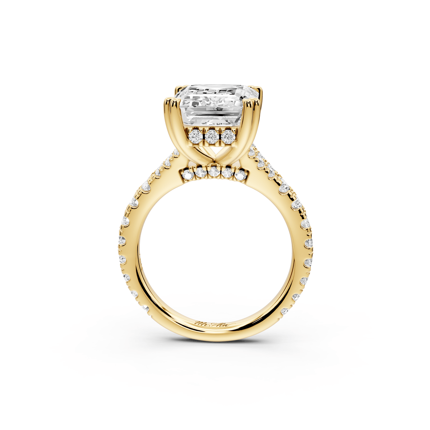 Rosalie - 5ct 18k yellow gold emerald Pavé Cathedral Hidden Halo with Diamond Bridge split shank Engagement Ring - Mr. Alex Jewelry