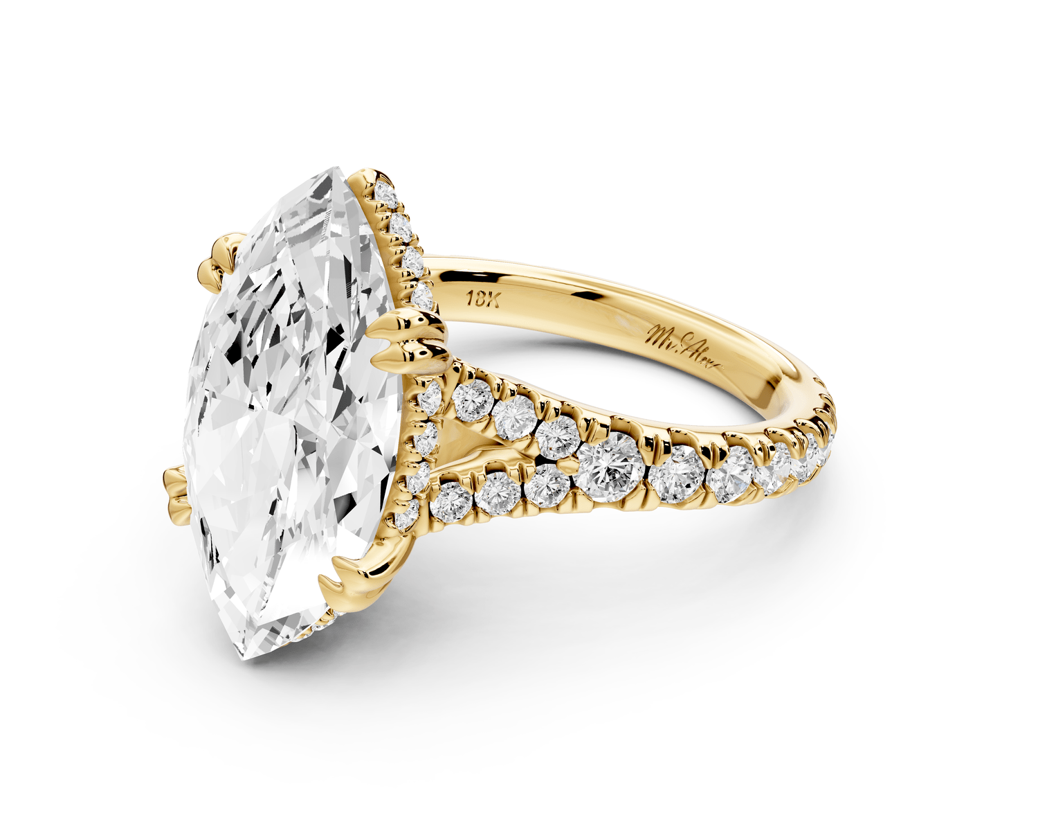 Rosalie - 5ct 18k yellow gold marquise Pavé Cathedral Hidden Halo with Diamond Bridge split shank Engagement Ring - Mr. Alex Jewelry