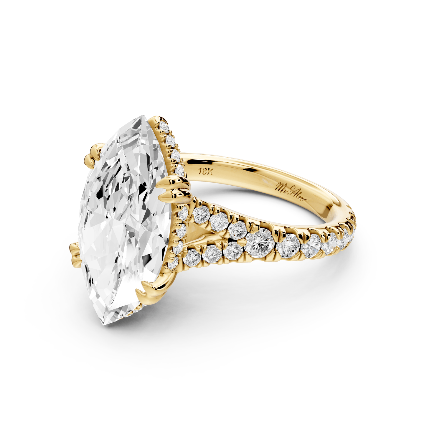 Rosalie - 5ct 18k yellow gold marquise Pavé Cathedral Hidden Halo with Diamond Bridge split shank Engagement Ring - Mr. Alex Jewelry