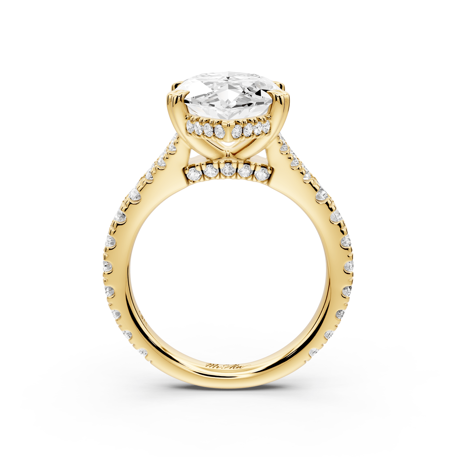 Rosalie - 5ct 18k yellow gold marquise Pavé Cathedral Hidden Halo with Diamond Bridge split shank Engagement Ring - Mr. Alex Jewelry