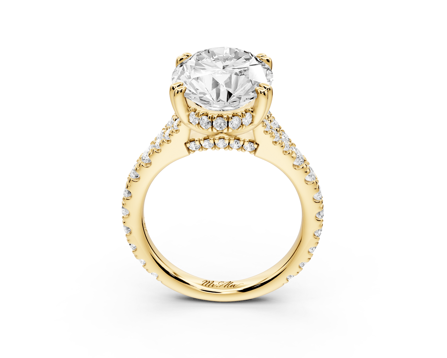 Rosalie - 5ct 18k yellow gold oval Pavé Cathedral Hidden Halo with Diamond Bridge split shank Engagement Ring - Mr. Alex Jewelry