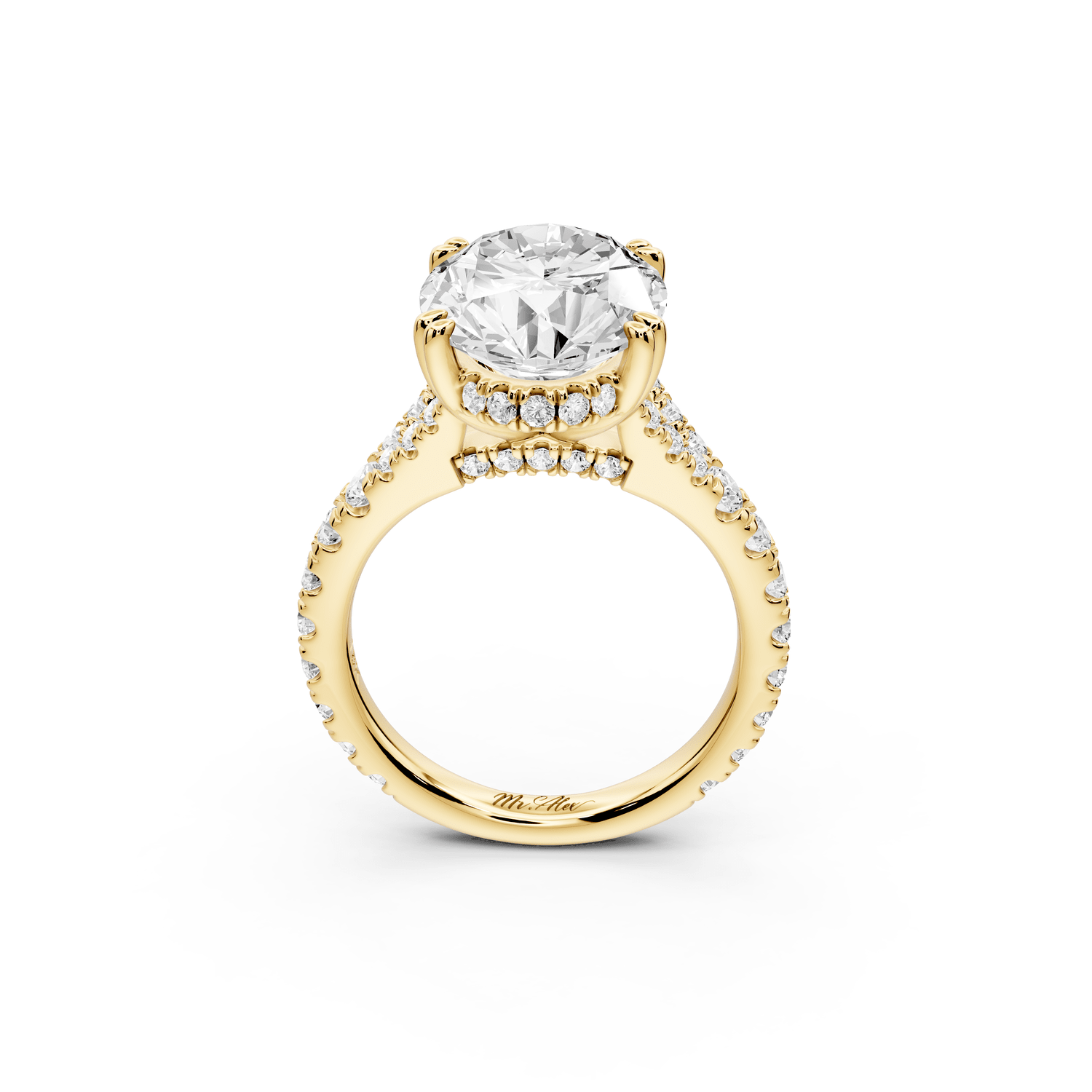 Rosalie - 5ct 18k yellow gold oval Pavé Cathedral Hidden Halo with Diamond Bridge split shank Engagement Ring - Mr. Alex Jewelry