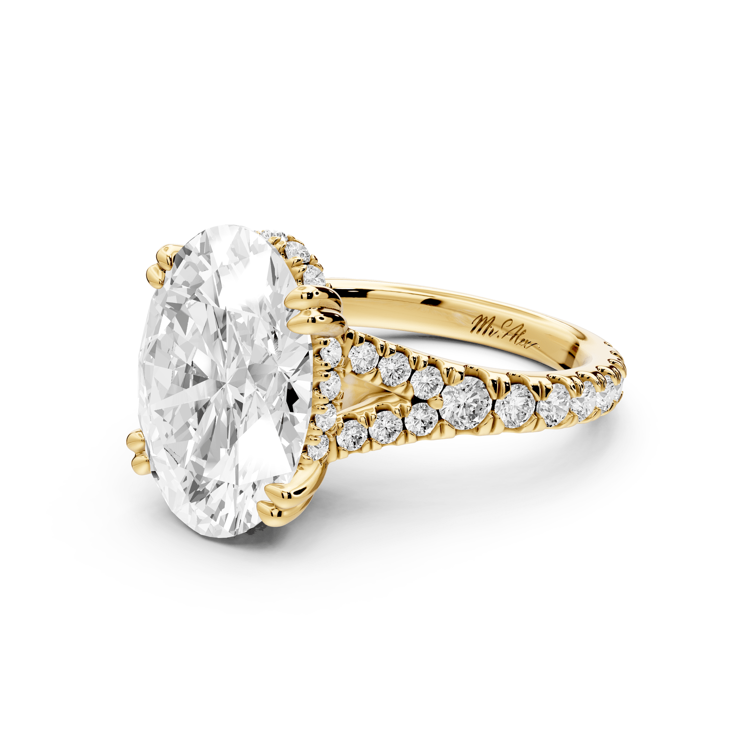 Rosalie - 5ct 18k yellow gold oval Pavé Cathedral Hidden Halo with Diamond Bridge split shank Engagement Ring - Mr. Alex Jewelry