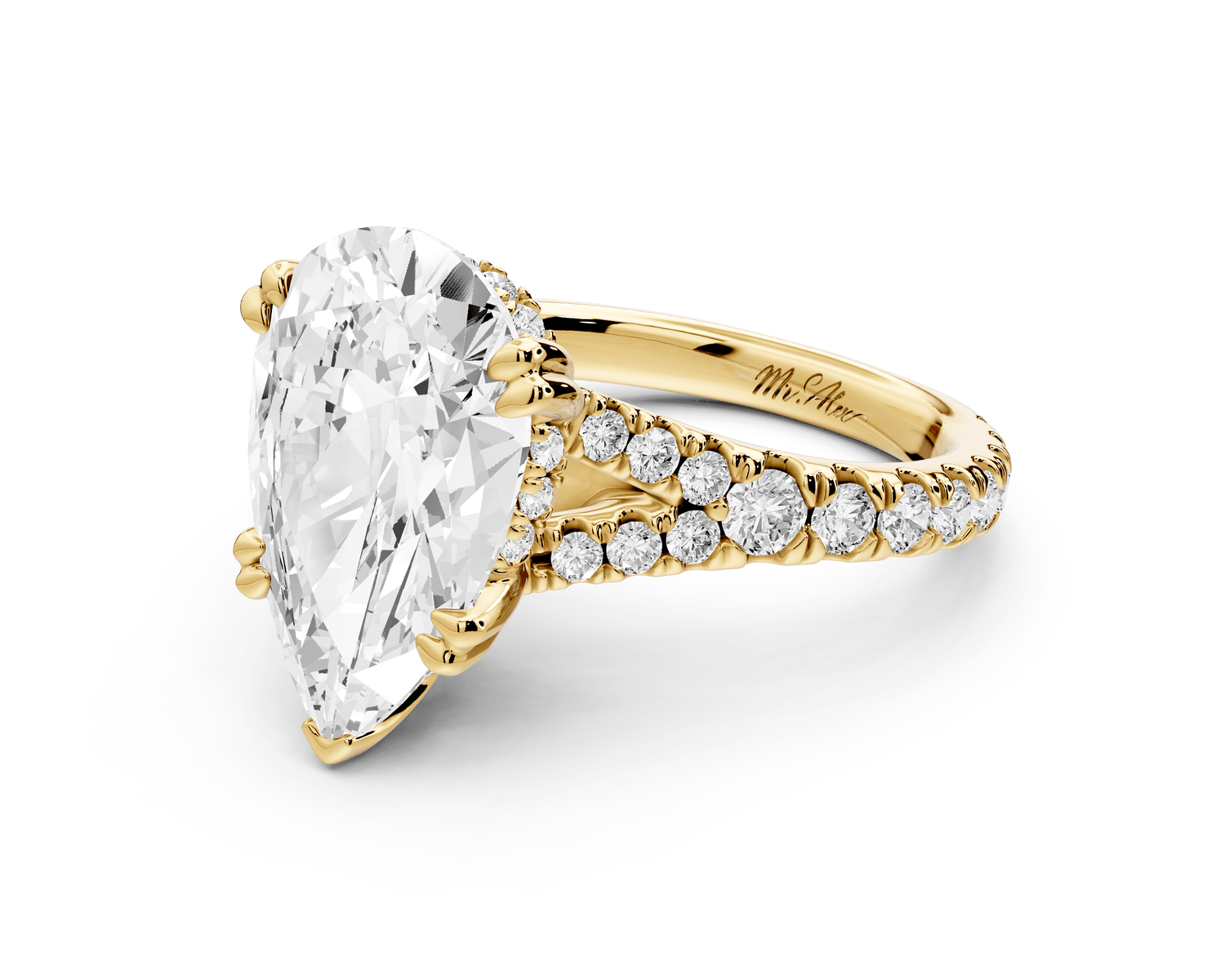 Rosalie - 5ct 18k yellow gold pear Pavé Cathedral Hidden Halo with Diamond Bridge split shank Engagement Ring - Mr. Alex Jewelry