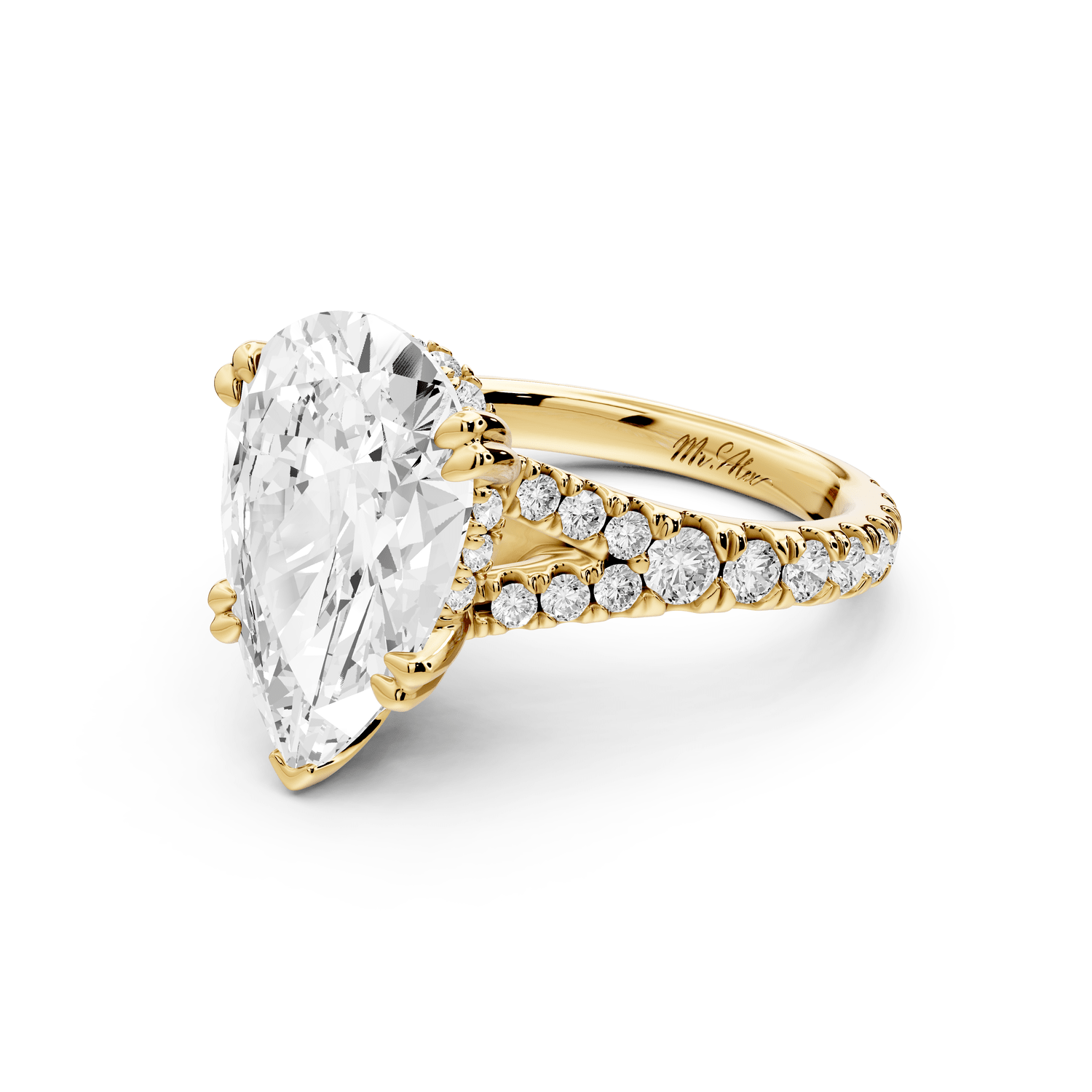 Rosalie - 5ct 18k yellow gold pear Pavé Cathedral Hidden Halo with Diamond Bridge split shank Engagement Ring - Mr. Alex Jewelry
