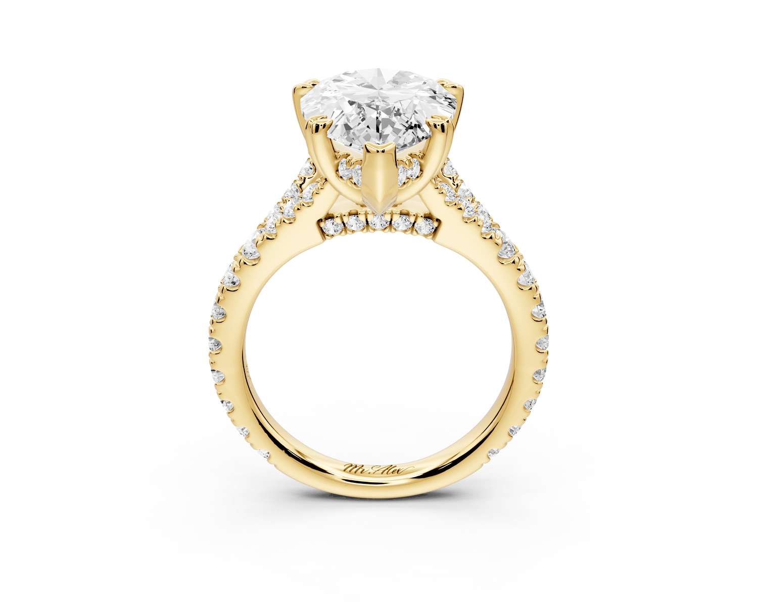 Rosalie - 5ct 18k yellow gold pear Pavé Cathedral Hidden Halo with Diamond Bridge split shank Engagement Ring - Mr. Alex Jewelry