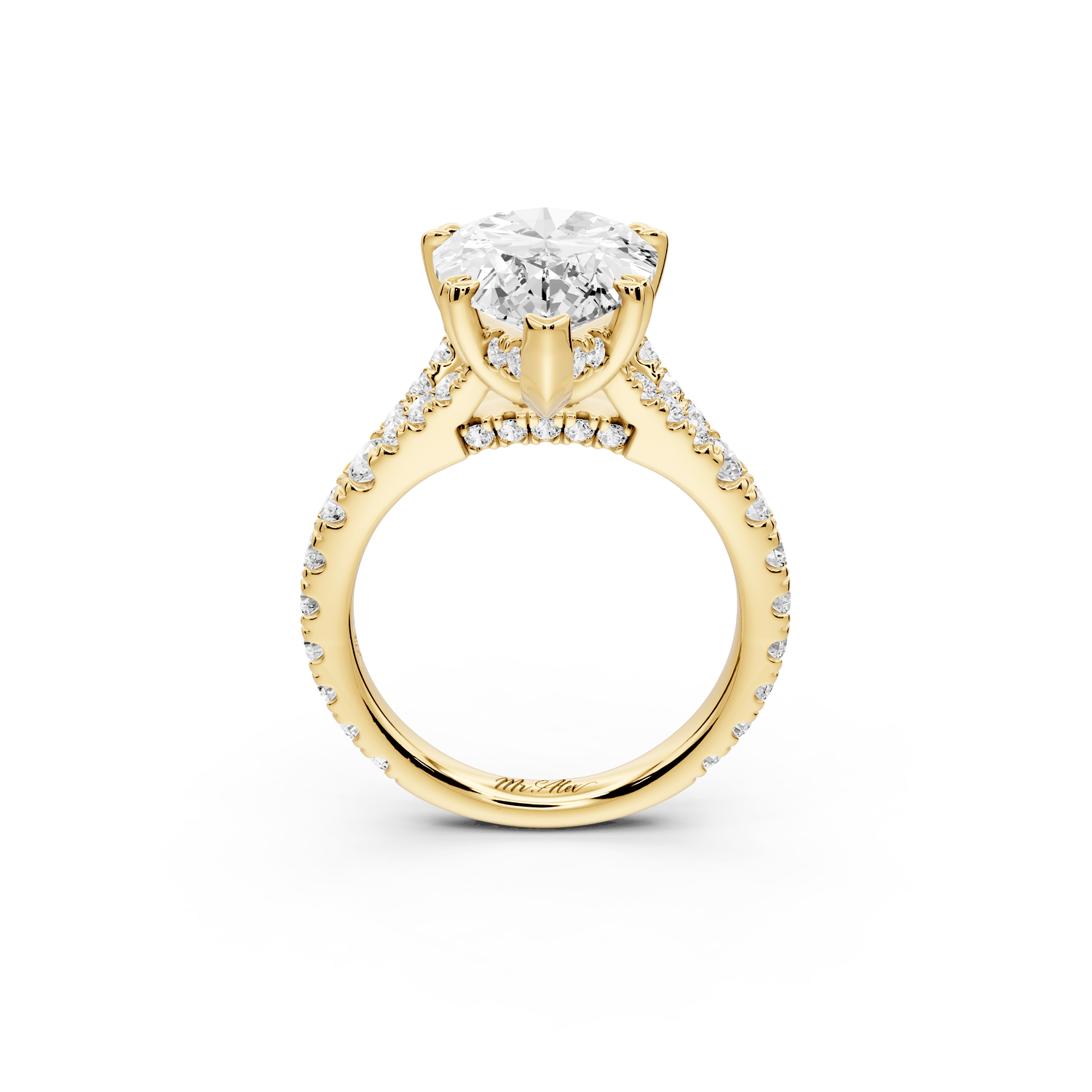 Rosalie - 5ct 18k yellow gold pear Pavé Cathedral Hidden Halo with Diamond Bridge split shank Engagement Ring - Mr. Alex Jewelry