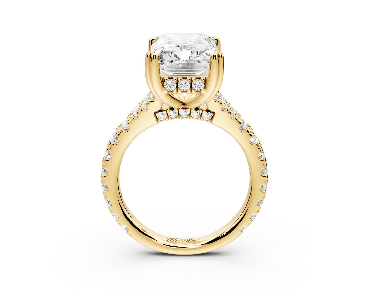 Rosalie - 5ct 18k yellow gold radiant Pavé Cathedral Hidden Halo with Diamond Bridge split shank Engagement Ring - Mr. Alex Jewelry