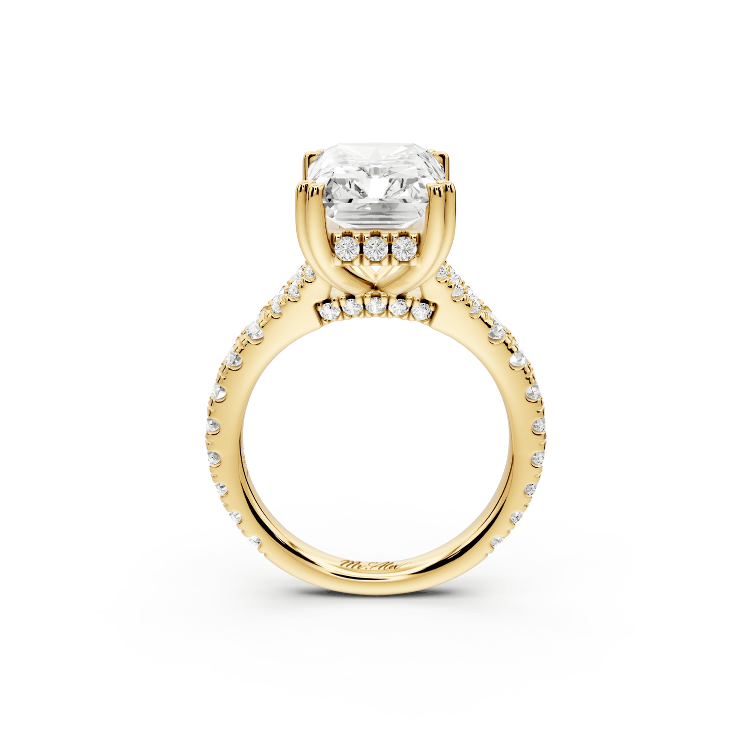 Rosalie - 5ct 18k yellow gold radiant Pavé Cathedral Hidden Halo with Diamond Bridge split shank Engagement Ring - Mr. Alex Jewelry