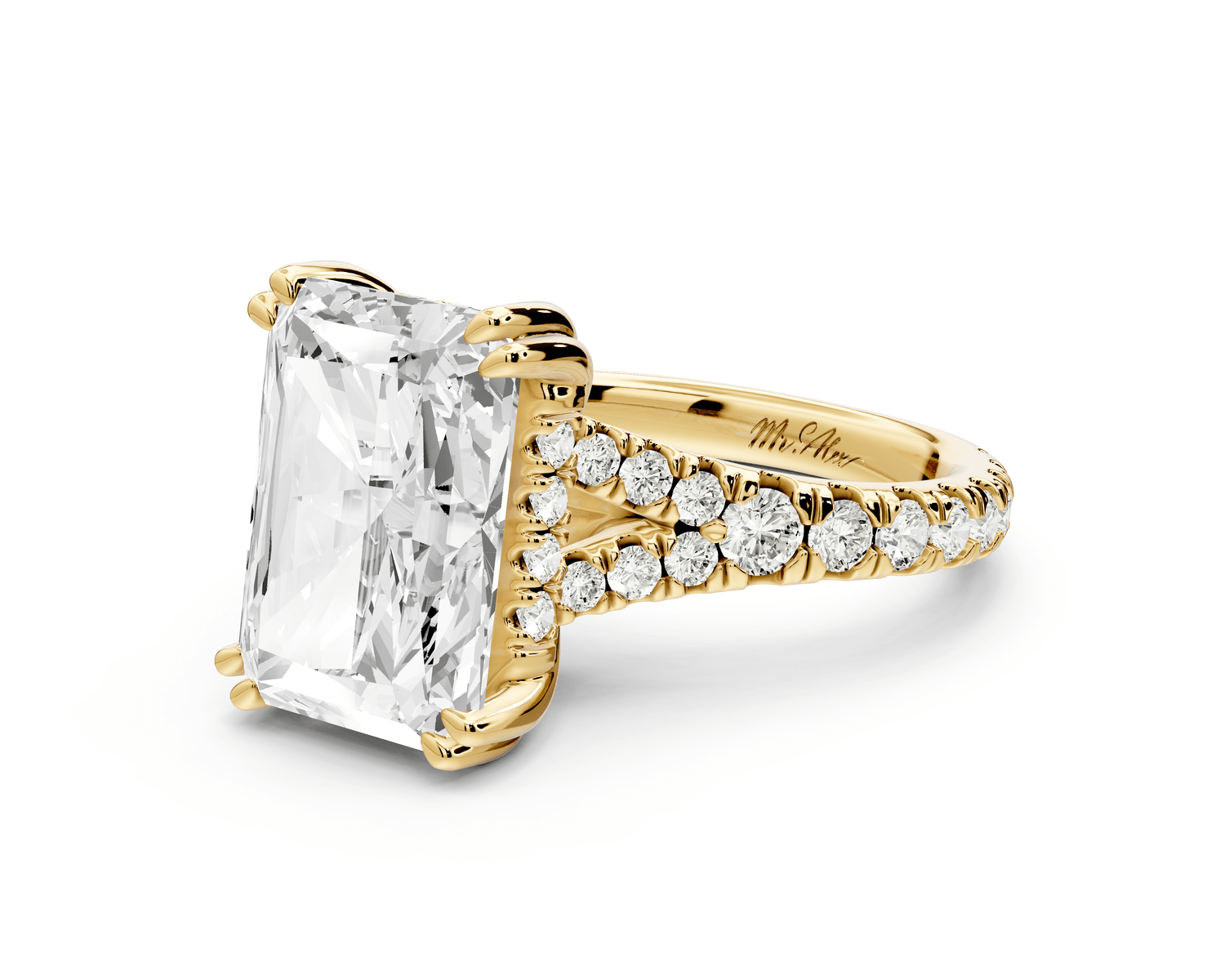 Rosalie - 5ct 18k yellow gold radiant Pavé Cathedral Hidden Halo with Diamond Bridge split shank Engagement Ring - Mr. Alex Jewelry
