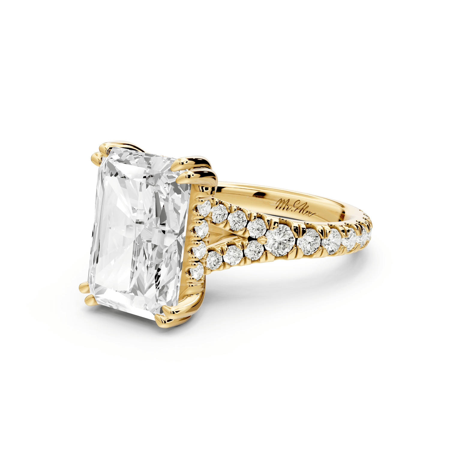Rosalie - 5ct 18k yellow gold radiant Pavé Cathedral Hidden Halo with Diamond Bridge split shank Engagement Ring - Mr. Alex Jewelry