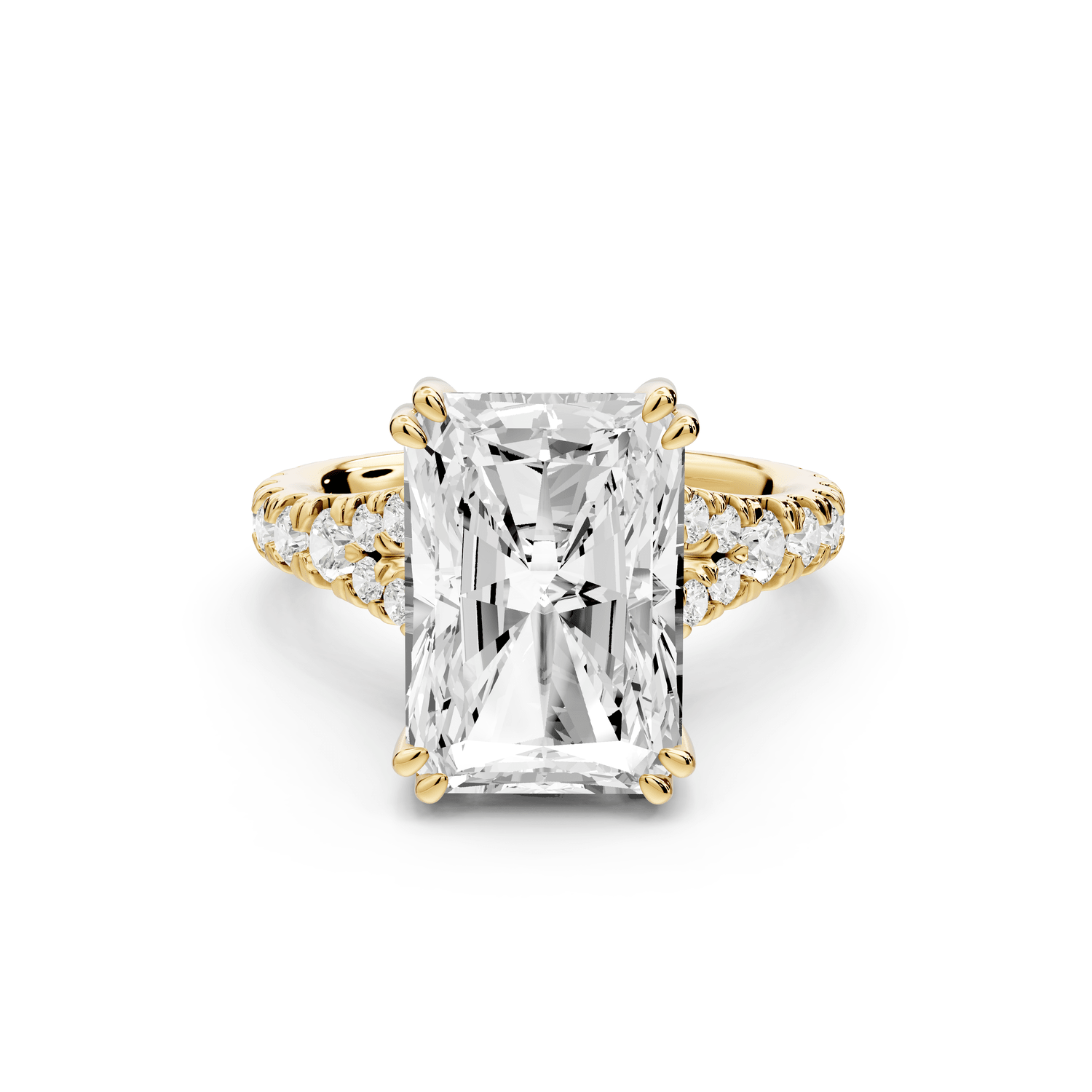 Rosalie - 5ct 18k yellow gold radiant Pavé Cathedral Hidden Halo with Diamond Bridge split shank Engagement Ring - Mr. Alex Jewelry