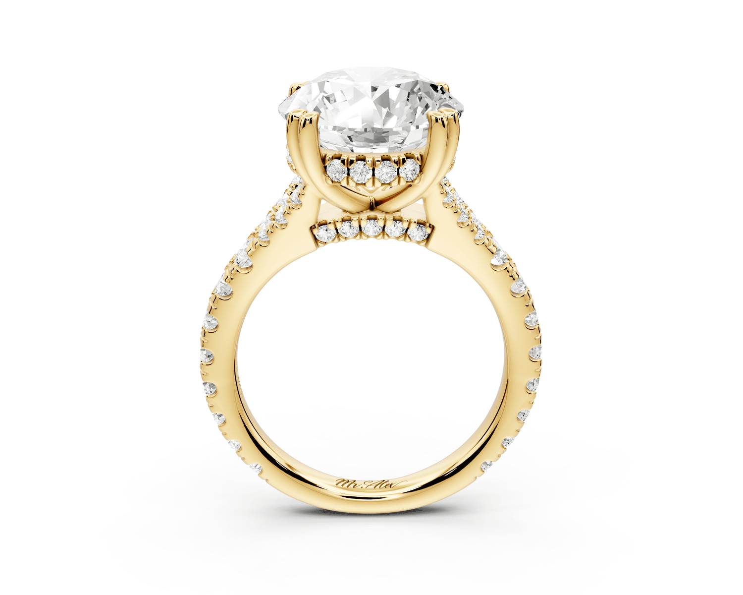 Rosalie - 5ct 18k yellow gold round Pavé Cathedral Hidden Halo with Diamond Bridge split shank Engagement Ring - Mr. Alex Jewelry