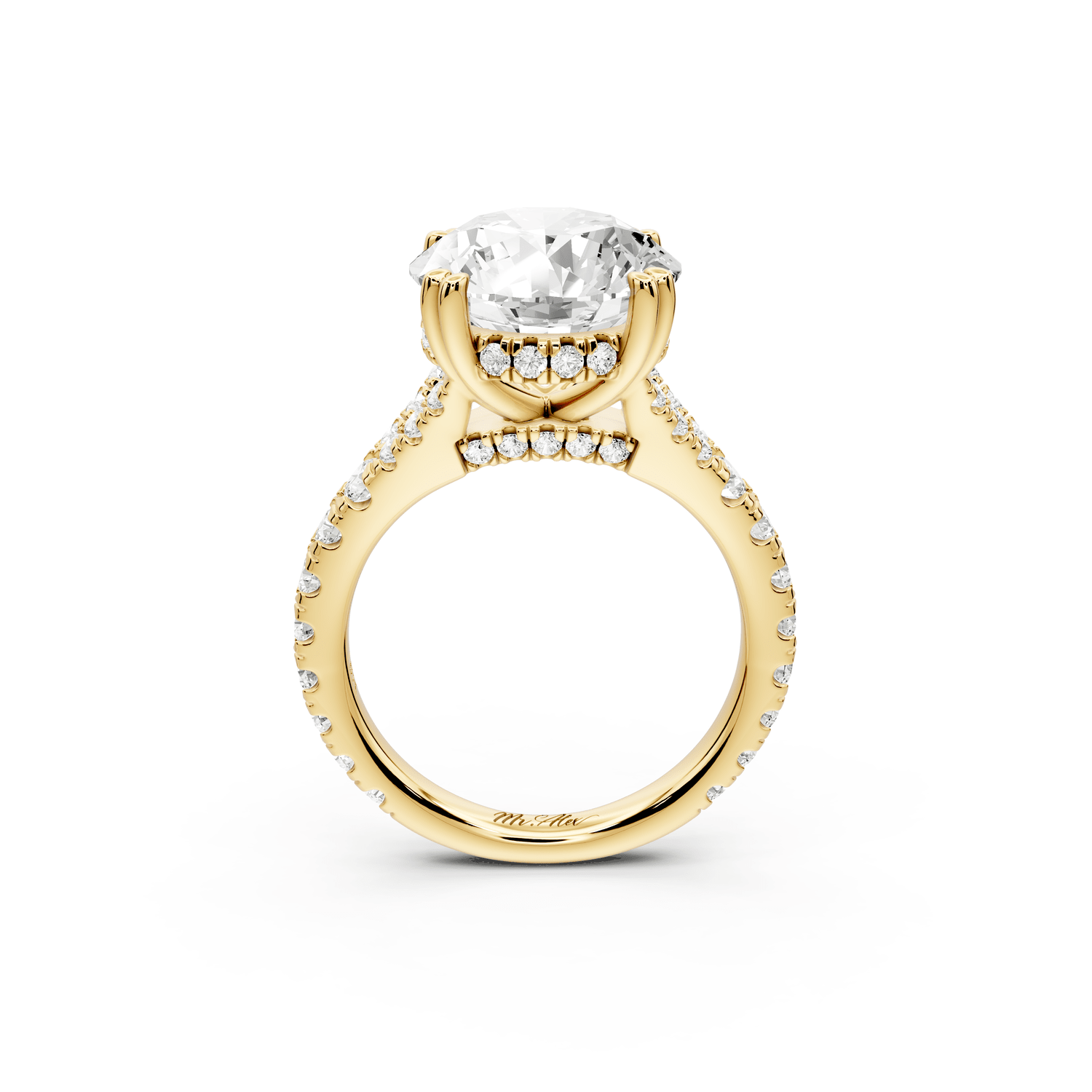 Rosalie - 5ct 18k yellow gold round Pavé Cathedral Hidden Halo with Diamond Bridge split shank Engagement Ring - Mr. Alex Jewelry