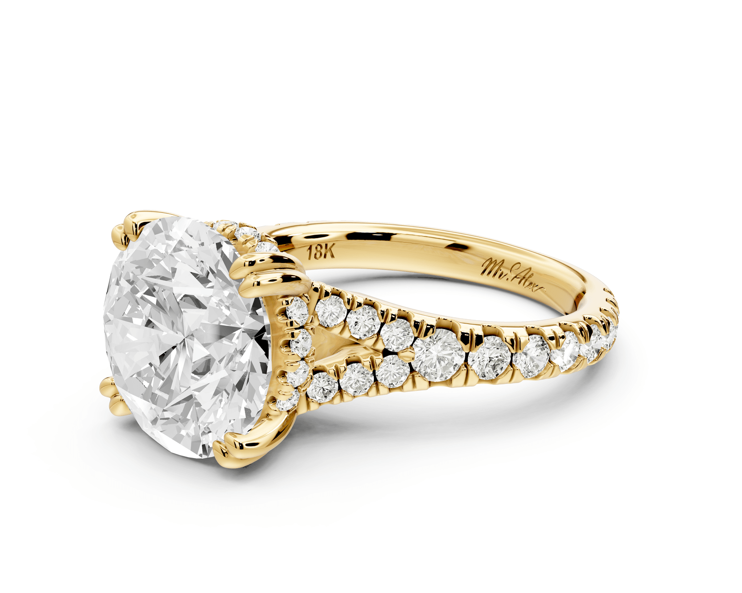Rosalie - 5ct 18k yellow gold round Pavé Cathedral Hidden Halo with Diamond Bridge split shank Engagement Ring - Mr. Alex Jewelry