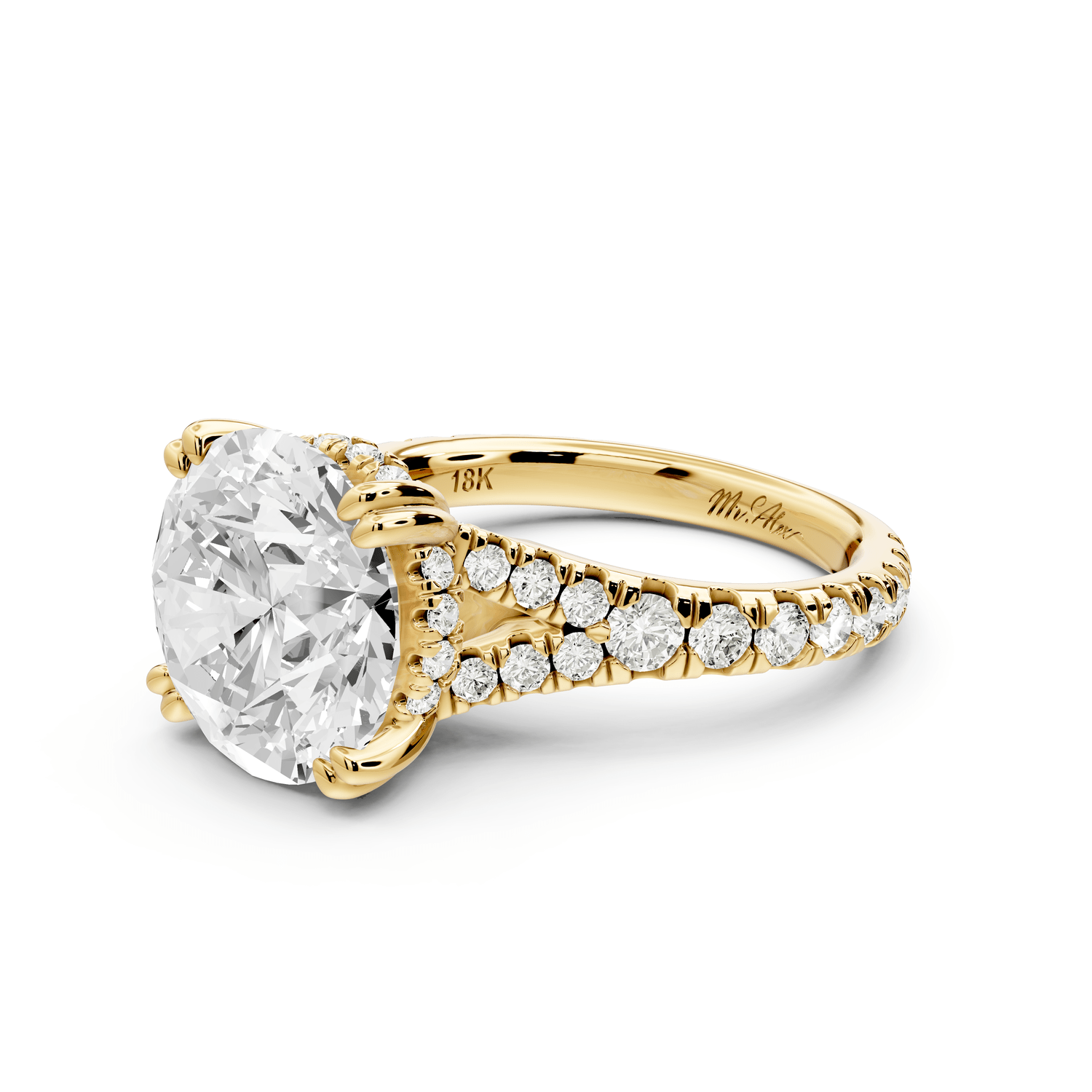 Rosalie - 5ct 18k yellow gold round Pavé Cathedral Hidden Halo with Diamond Bridge split shank Engagement Ring - Mr. Alex Jewelry