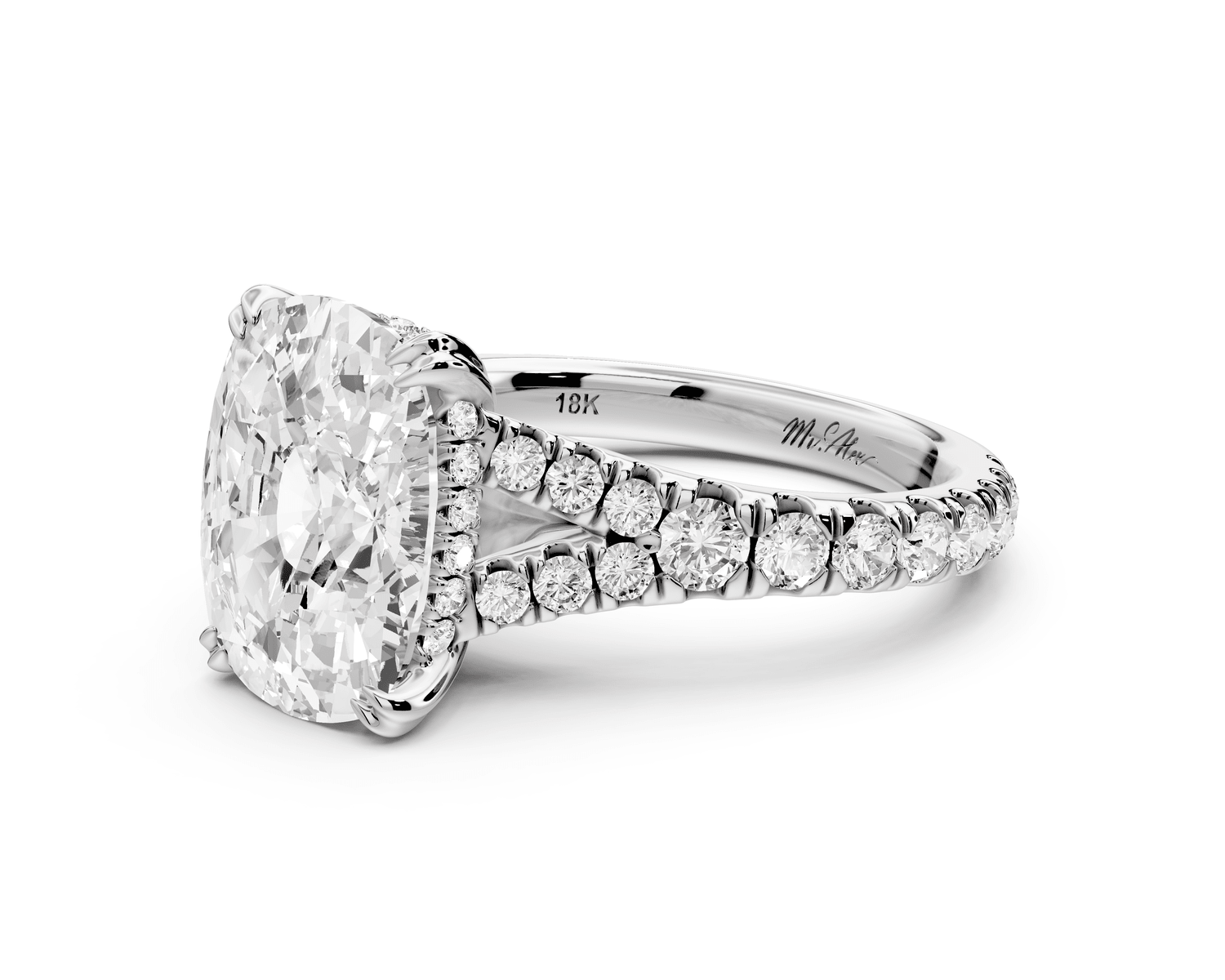 Rosalie - 5ct platinum ecushion Pavé Cathedral Hidden Halo with Diamond Bridge split shank Engagement Ring - Mr. Alex Jewelry