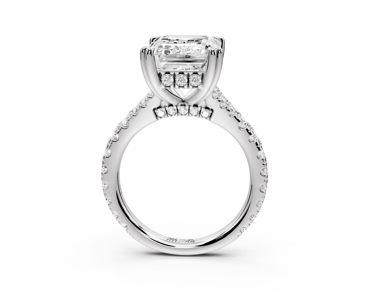 Rosalie - 5ct platinum emerald Pavé Cathedral Hidden Halo with Diamond Bridge split shank Engagement Ring - Mr. Alex Jewelry